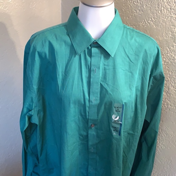 NEW VanHeusen Studio Slim Fit Wrinkle Free Stretch 17 34/35 NWT Pine Green $45 - Picture 3 of 9